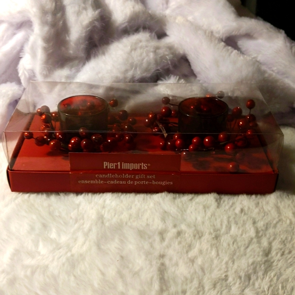 Pier One| Red Tinted Christmas Candle Holders Surrounded By Faux Ardisia crenata